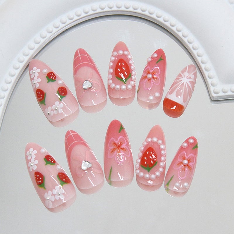 CJDLTS Flower Press on Nails Medium Almond Shaped Artificial Acrylic Nail French 3D Strawberry Floral Bow with Rhinestones Stick on Nails Full Cover Glue on Nail Artificial Fingernails for Women Manicure - Image 2